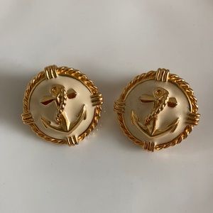 Vintage 80s Earrings Gold Anchor Nautical Retro